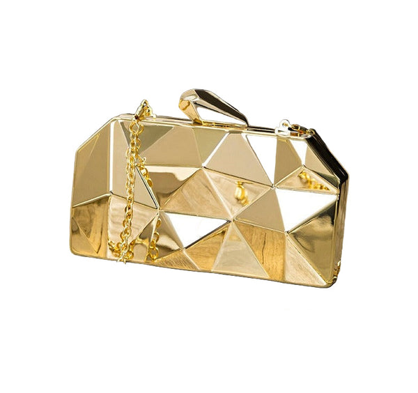 Shop this sleek geometric metallic clutch bag – versatile cross-body or statement purse, perfect for mobile, makeup, cards & 80s–90s glam