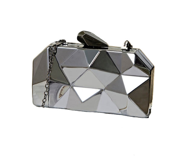 Shop this sleek geometric metallic clutch bag – versatile cross-body or statement purse, perfect for mobile, makeup, cards & 80s–90s glam