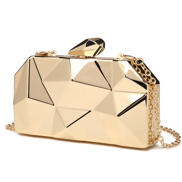 Shop this sleek geometric metallic clutch bag – versatile cross-body or statement purse, perfect for mobile, makeup, cards & 80s–90s glam