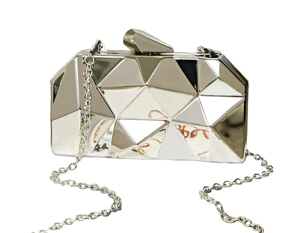 Shop this sleek geometric metallic clutch bag – versatile cross-body or statement purse, perfect for mobile, makeup, cards & 80s–90s glam
