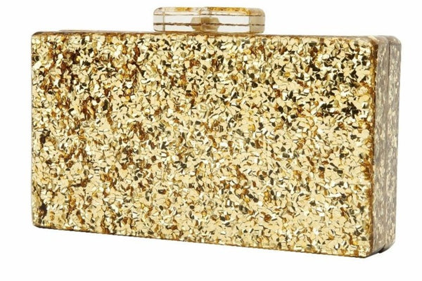 This striking clutch is crafted from shimmering glitter gold fabric.  Bring stunning, Glitter Gold Clutch for evening, cocktail, party. Also, available in Silver Glitter Clutch. This rectangle minaudiere, has metallic foil coated surround. 