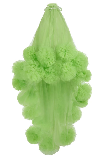 Gorgeous tulle, large ruffles sleeveless, mini front, long back evening robe de soiree. This is an elegant, halter party dress.