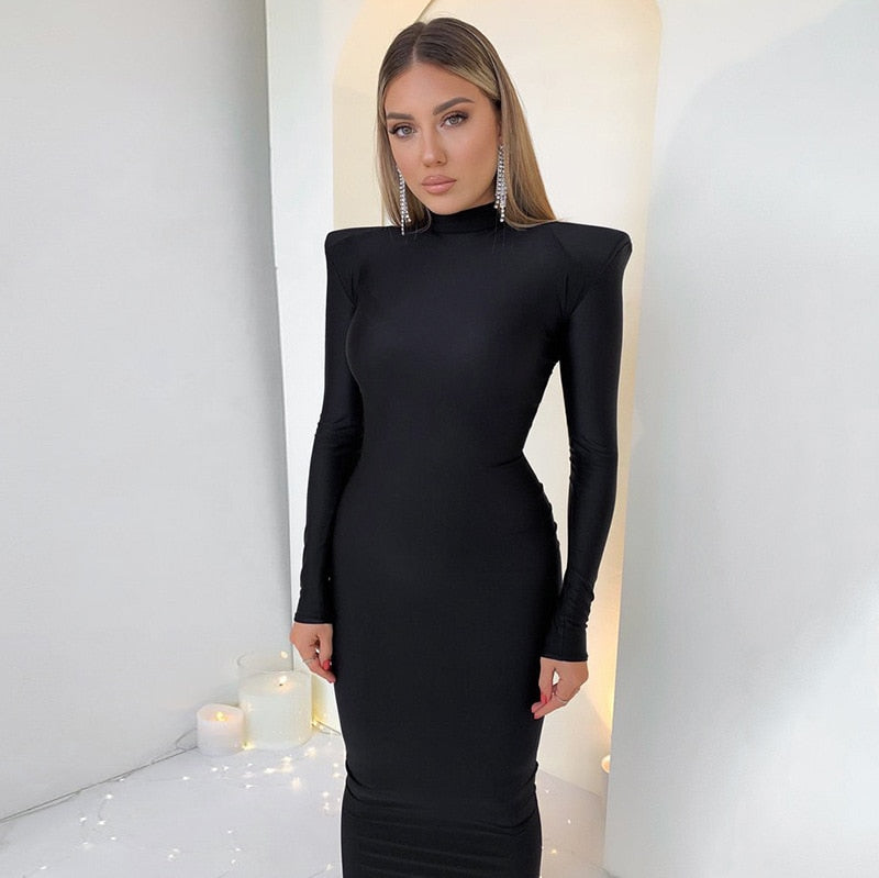 Puff Midi Long Sleeve Pullover Dress Party Fitted Black Bodycon Elegant for Clubbing & Dinner in blue, black and green.