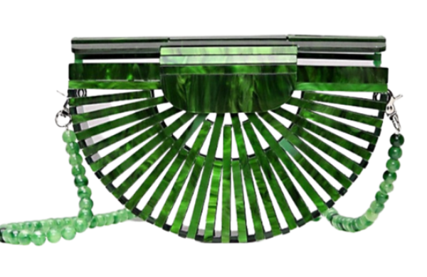 This Half Moon Bag is a half circle, acrylic basket design. This clutch bag is beautifully crafted, easy to clean and looks gorgeous. Removeable beaded or black cross over straps.