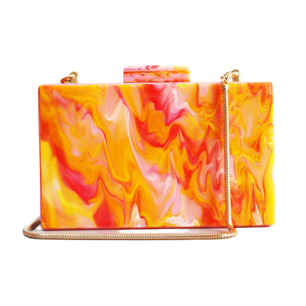 Marble Orange Clutch acrylic box will fit your cards, make up and mobile phone.  Rectangular in shape. Cotton lining and various straps for cross body wear or handle.