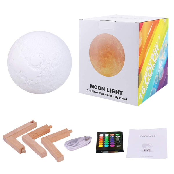 This Moon Lamp creates a soothing, colorful atmosphere. Offers 16 luminours colours. Set the mood by remote or touch, to brigten or dim.