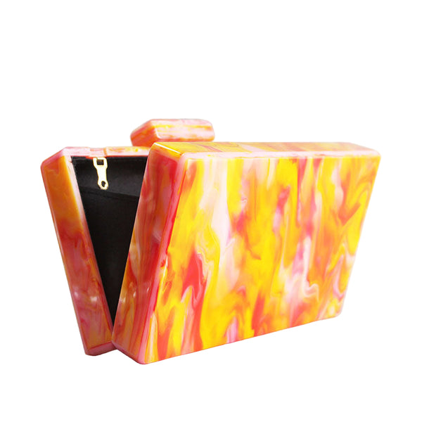 Marble Orange Clutch acrylic box will fit your cards, make up and mobile phone.  Rectangular in shape. Cotton lining and various straps for cross body wear or handle.