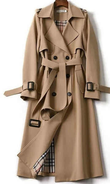 Jana Trench Coat is beautifully cut and lined. The trench is double breasted, mid-length with tortoise shell buttons and belt. In Stone, Black, Camel, Red, Teal, Green.