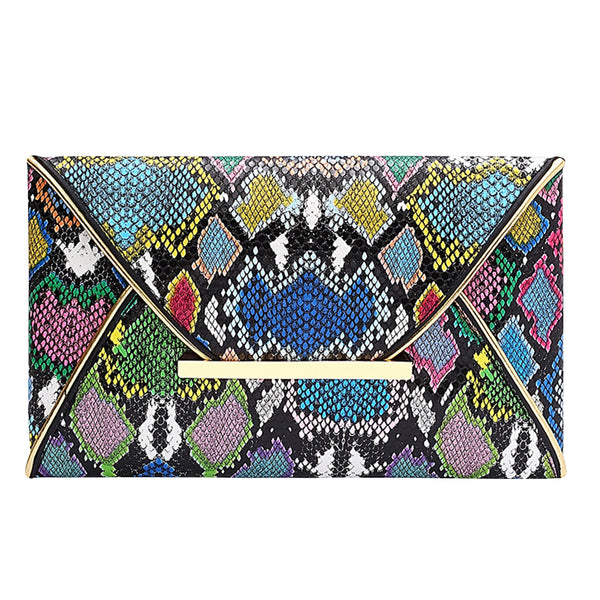 The Snake Pattern Envelope Clutch Sis a flat, lined envelope clutch bag with colored alligator snake pattern. Magnetic metal tab closure. In 100 Percent PU eco leather.