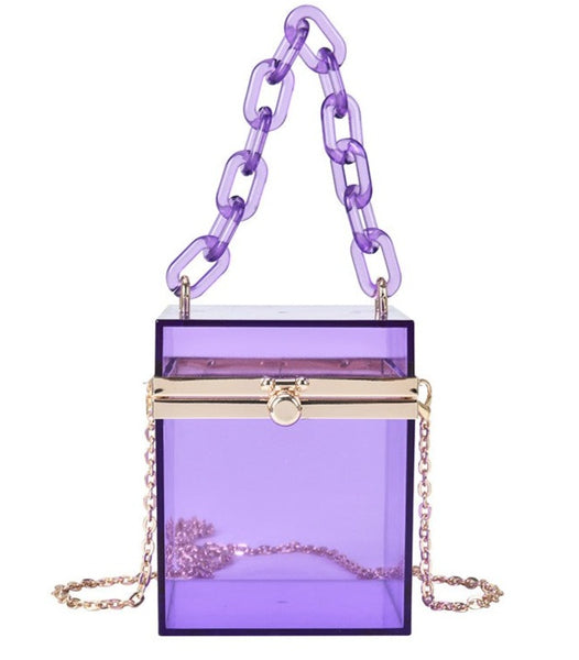 This Square Colored Acrylic Box Bag is very cool. It's a transparent acrylic square box tiny bag. In gorgeous colored acrylics. Also comes with hand chain and crossbody silver chain.