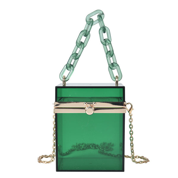 This Square Colored Acrylic Box Bag is very cool. It's a transparent acrylic square box tiny bag. In gorgeous colored acrylics. Also comes with hand chain and crossbody silver chain.