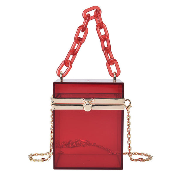 This Square Colored Acrylic Box Bag is very cool. It's a transparent acrylic square box tiny bag. In gorgeous colored acrylics. Also comes with hand chain and crossbody silver chain.