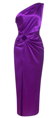 Angelou Purple Satin One Shoulder Dress is a gorgeous deep purple satin look, one shoulder, slinky satin draped sleeveless dress.  With long side slit and rhombus torso cut-out.