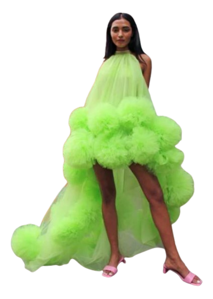 Gorgeous tulle, large ruffles sleeveless, mini front, long back evening robe de soiree. This is an elegant, halter party dress.