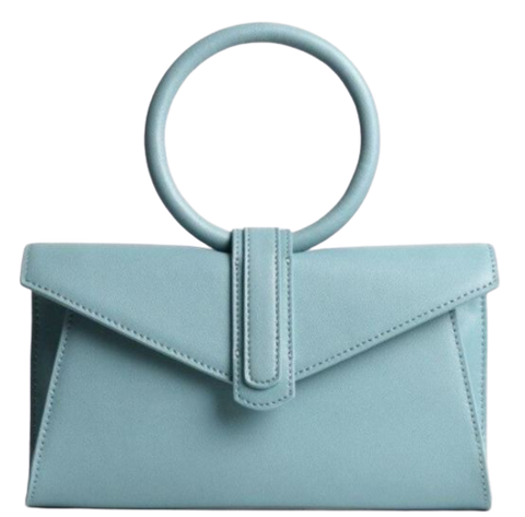 Pale blue leather rectangle handbag and purse. The Celeste couplet. offers a matching handbag and a purse. Made of cowhide leather and lined, Celeste comes in powder blue, tangerine, white and lemon. Can be bought together or separately. 