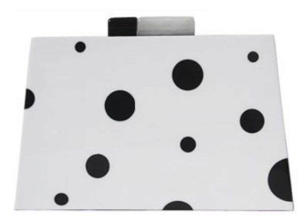 Black and white polka dot  acrylic luxury trapezoid box clutch. Perfect for evening, wedding or day. Handy and gorgeous. Comes with 1 or 2 removable chains, a large hook link and fine.