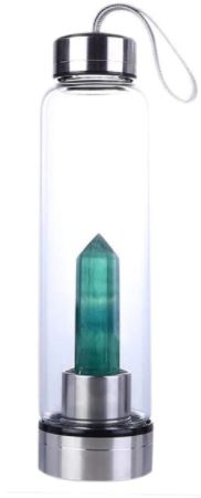 Crystal infused glass water bottle with stainless steel and quartz crystals. BPA-free, eco-friendly, with carry strap—perfect for gym, yoga, and daily use.