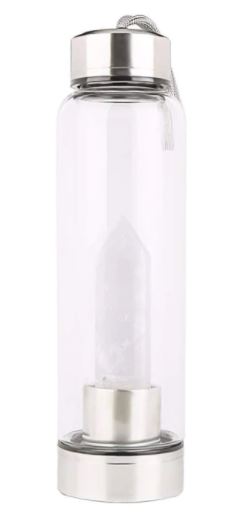 Crystal Quartz Glass Stainless Steel Bottle, Shape Hand wrist carry handle Process Manual polishing Shape Hexagonal prism Features Eco-friendly, Led Free, PBA Free Bottle Height 25cm Crystal Point Length 8-9cm Weight 500g