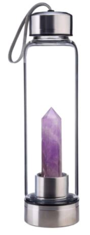 Crystal infused glass water bottle with stainless steel and quartz crystals. BPA-free, eco-friendly, with carry strap—perfect for gym, yoga, and daily use.