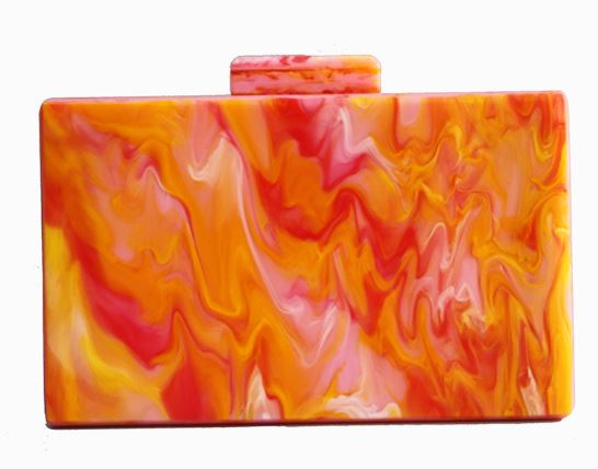 Hot Orange Marbled acrylic box clutch to fit your cards, make up + mobile phone. Rectangular in shape. Easy to stand, store and clean. Beautiful day + night. Cotton lining and a candy thick chain strap for cross body wear. With large link chain in multi, beige, orange, pearl or with slinky or fine gold chain removable strap.