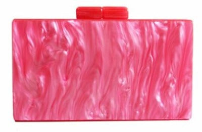 Marbled Pearl Pink Acrylic Box Clutch to fit your cards, make up + mobile phone. Useful mirror inside. Rectangular in shape. Easy to stand, store and clean.  Beautiful day + night.