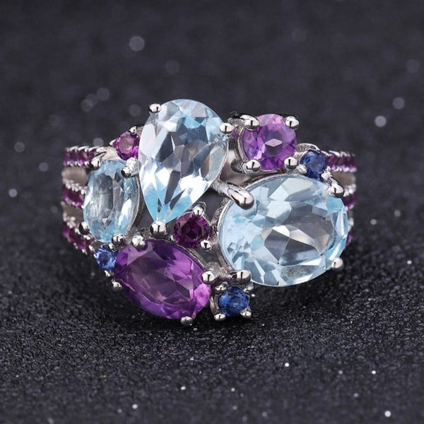 Luck Gem Ring has sky blue topaz, amethyst, nano emerald, sapphire gems. It's modern, delicate divine, set in 925 stirling silver. Crystal Gem Ring of many colors.
