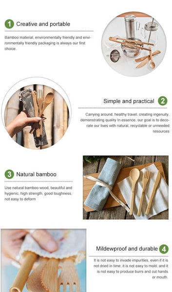 Eco Bamboo Cutlery Travel Set is a zen set of utensils. Portable zero waste bamboo set. Includes folk, knife, spoon, straw, chopsticks and brush cleaner.  Designer eco drawstring material carry bag.