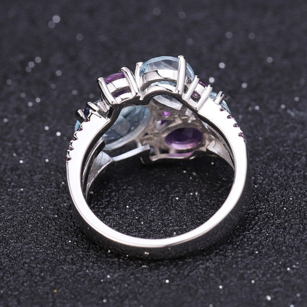 Luck Gem Ring has sky blue topaz, amethyst, nano emerald, sapphire gems. It's modern, delicate divine, set in 925 stirling silver. Crystal Gem Ring of many colors.