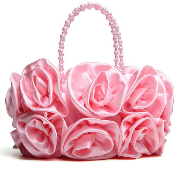 Rose sculptured satin tote bag for evening, day and very special occasions. In champagne, beige, black pink and red.  Main Material - Satin Closure Type - Zip Hardness - Soft Exterior - Open Pocket Lining Material - Satin Handles - Beaded