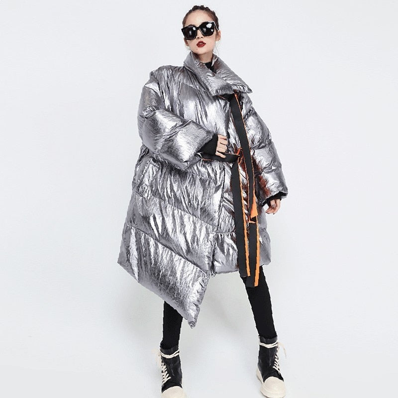 This high-performance Metallic Silver Puffer Asymmetric Jacket is designed with waterproof and windproof.