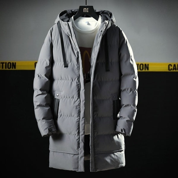 The Mod Parka jacket is a long hooded puffer parka coat for men.