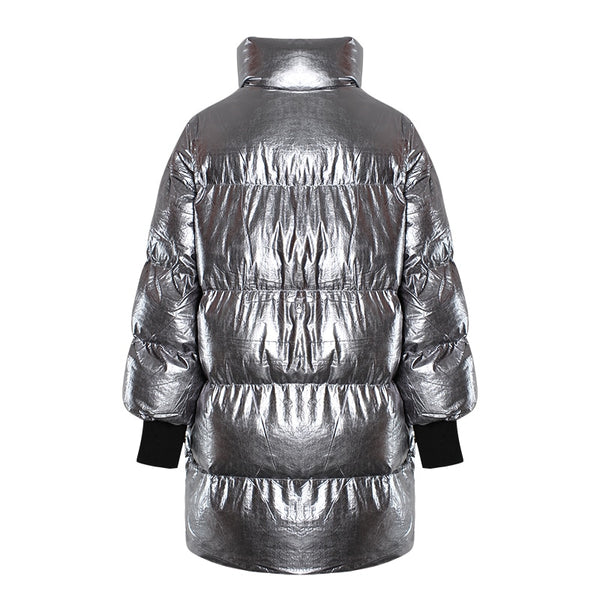 This high-performance Metallic Silver Puffer Asymmetric Jacket is designed with waterproof and windproof.