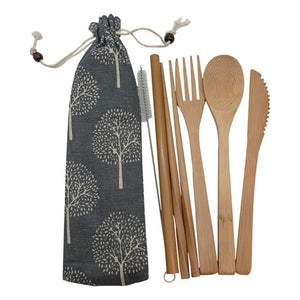 Eco Bamboo Cutlery Travel Set is a zen set of utensils. Portable zero waste bamboo set. Includes folk, knife, spoon, straw, chopsticks and brush cleaner.  Designer eco drawstring material carry bag.