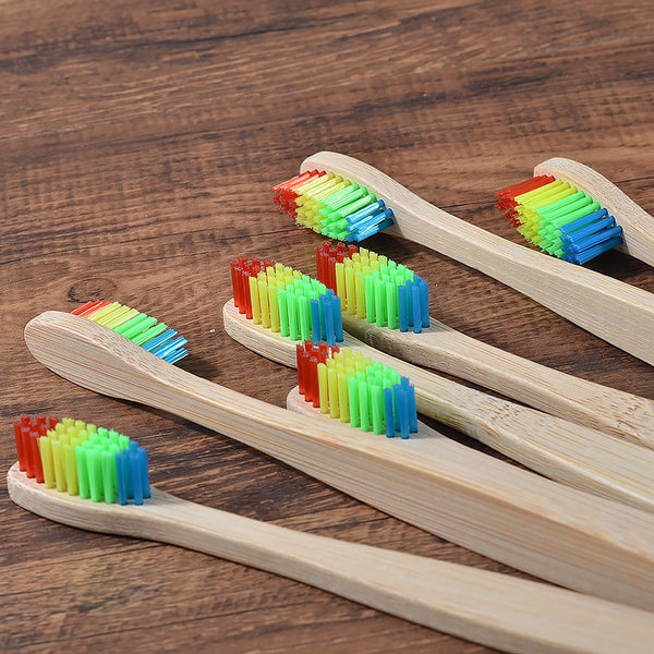 Rainbow Coloured Eco Bamboo Toothbrush Box Set for eco friendly, tooth care. Colourful new design, mixed packs of 10.  Sustainably grown bamboo toothbrush with soft bristles for better dental care.