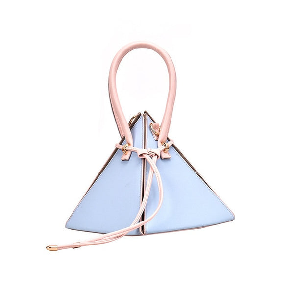 Triangle Bag  is geometric, compact and closed with a drawstring. It's fully lined, in pastel colours. This is great to hard bag to hold mobiles and make-up. It  opens like origami. Has attachable cross body strap. Size 20cm x 21cm x 20cm
