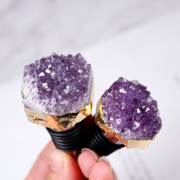 Each Amethyst Crystal Wine Stopper is unique and includes a stunning amethyst quartz crystal. Amethyst is said to be a master crystal of transformation. 