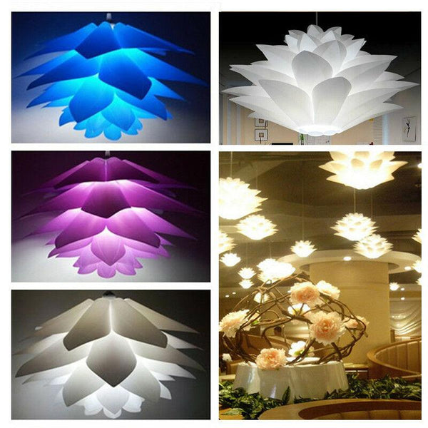 This Lotus Lampshade is beautiful and easy to assemble. This pendant light shade comes in delightful shades of purple, white, blue or yellow. Once installed, this unique many petal sphered flower light shade will enhance any room.