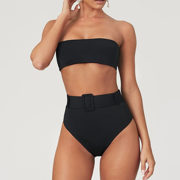 The neon Jana Strapless High Waist Bikini. This flattering two-piece features a high-waisted, and a padded strapless top for added support.