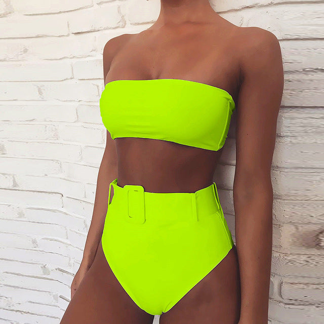 The neon Jana Strapless High Waist Bikini. This flattering two-piece features a high-waisted, and a padded strapless top for added support.