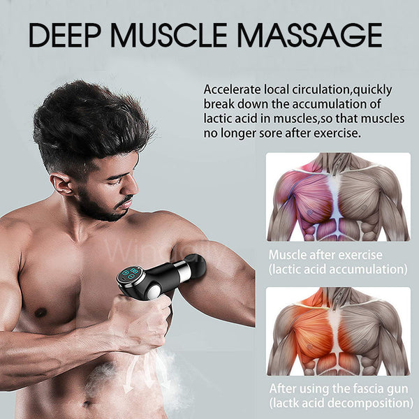 Relieve sore deep tissue muscles quickly at home or on the go.  The Massage Gun 32 speed LCD touch screen instant fascial deep tissue relief Compact Material ABS Colors Black Gray Red Green Type-C Charging Cable