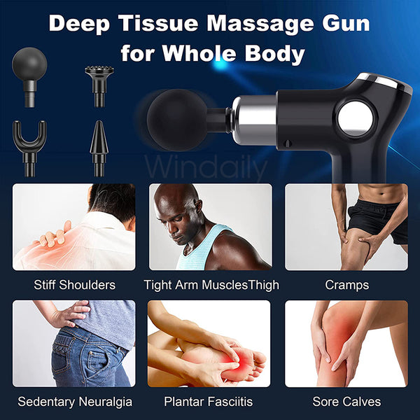 Relieve sore deep tissue muscles quickly at home or on the go.  The Massage Gun 32 speed LCD touch screen instant fascial deep tissue relief Compact Material ABS Colors Black Gray Red Green Type-C Charging Cable