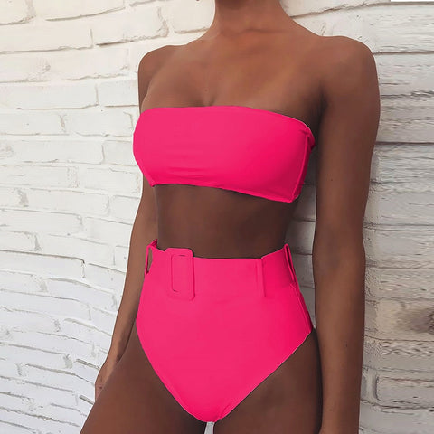 Stunning neon strapless high waist, padded bandeau bikinis set in pink, lime and black. 