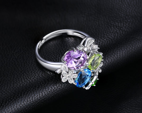 Flower Burst Ring natural amethyst, blue topaz peridot chrome diopside ring. This dazzling one open adjustable  size. Amethyst, Blue Topaz, Peridot 925 Sterling Silver 