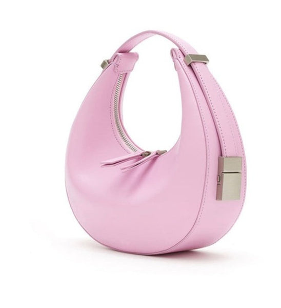 Circle underarm shoulder bag fully lined. With double zip closure and silver clasp trimming.  Main Material - PU Eco Leather Closure Type - Zip Hardness - Soft Interior - Cell Phone Pocket Size - L21 x W6 x H11cm