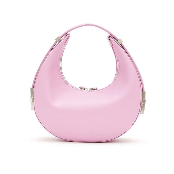 Crescent shaped Cyna Circle Bag, fits under the arm as shoulder bag hand held. This beautifully crafted bag is fully lined. With double zip closure, silver metallic clasp and trimming. 