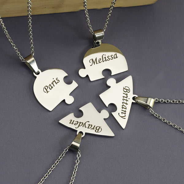 Always be with your loved ones. Custom engraved name heart puzzle pendant. Just email us your names with order number. or write in the description on purchase. 7 combinations from  2 to 7 names.  Metals Type - Stainless Steel Necklace Type - Pendant Necklaces Gender - Unisex