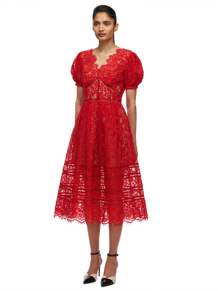 Puff sleeve flare skirt sheer embroidered lace cocktail party dress. Elegant midi A-Line skirt V-neck empire waistline, lined with scallop hem S M L red powder blue