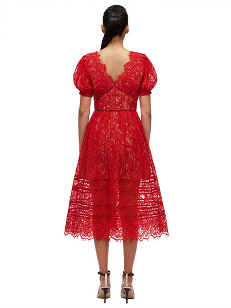 Mimi Lace Cocktail Dress is a puffed sleeve, flare skirt sheer embroidered lace cocktail party dress. Elegant midi A-Line skirt V-neck empire waistline with scallop hem