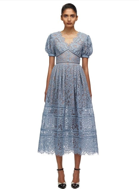 Puff sleeve flare skirt sheer embroidered lace cocktail party dress. Elegant midi A-Line skirt V-neck empire waistline, lined with scallop hem S M L red powder blue