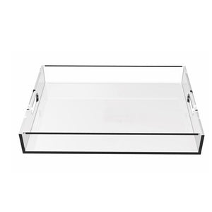 Rectangle clear acrylic serving tray with handles. Transparent, Sleek and Robust. This serving tray is made of 100% clear sturdy acrylic ,and can be used in the most casual or elegant of settings.  Material - Clear acrylic Shape - Rectangle Size - 306x207x50mm